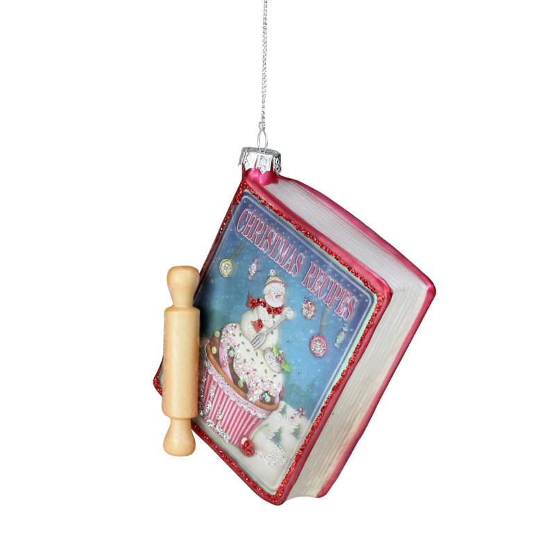 Ornement de livre en verre 4 "recettes de Noël" scintillantes roses et bleues