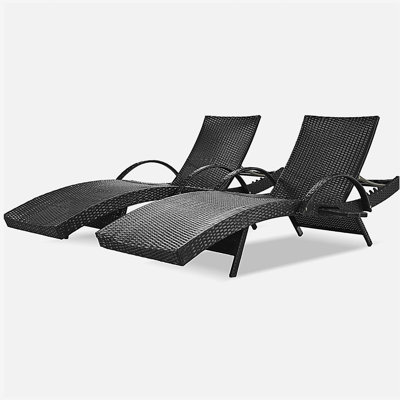 80'' Outdoor Wicker Chaise Lounge Chairs Set of 2, Patio Rattan Reclining Chair Pull-out Side Table Adjustable Backrest Ergonomic Wave Design Pool Sunbathing Recliners, Black