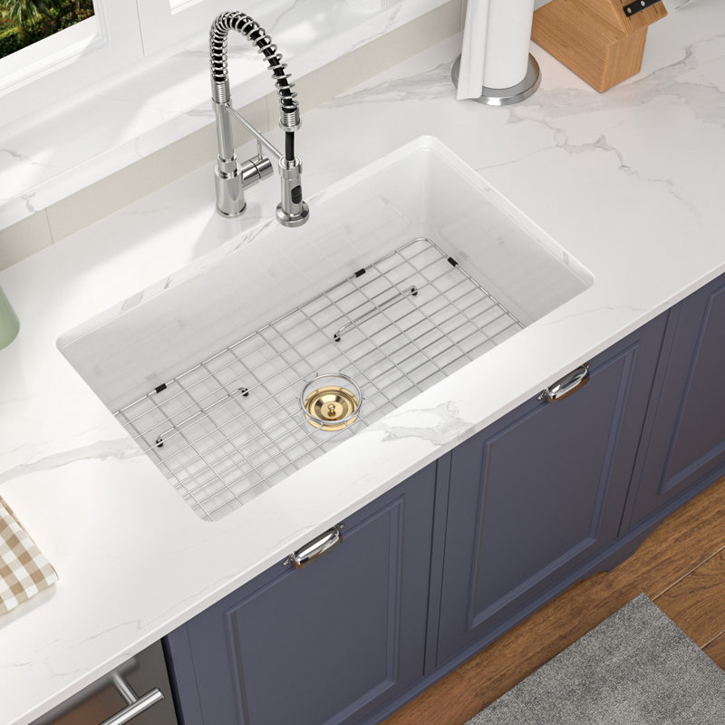 32"Lx19"Wx10"H White Undermount Kitchen Sink Cersamic Single Bowl Rectangular Sink with Accessories