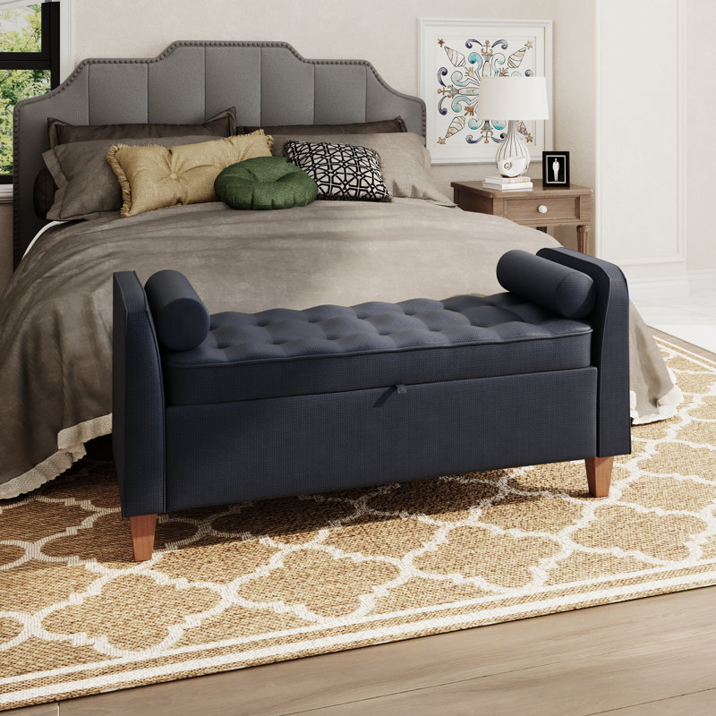 Banc de rangement rembourré en polyester pour entrée et chambre à coucher, Bleu