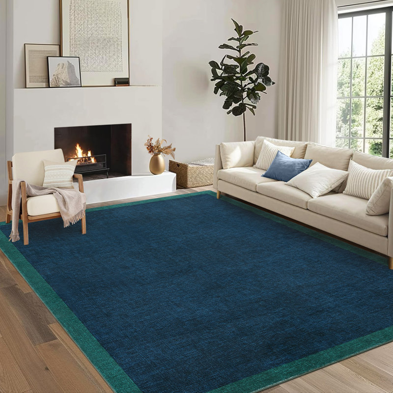 Bordered Machine Washable Rug with Rubber Backing Non Slip Soft Non Shedding Low Pile Thin Foldable Indoor Carpet, Teal