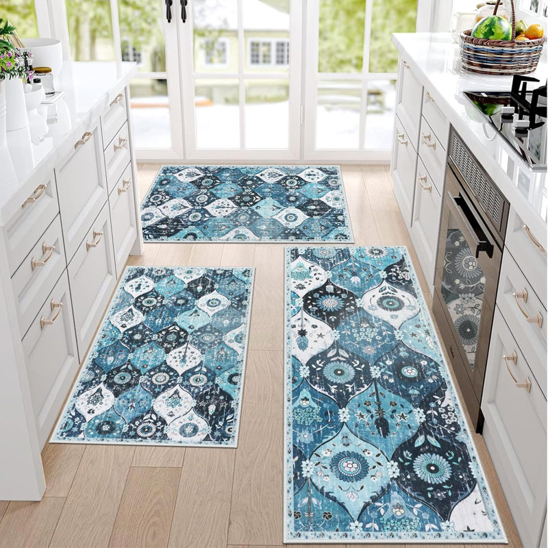 Sets of 3 Moroccan Trellis Kitchen Rug Non Slip Washable Kitchen Mats, Blue