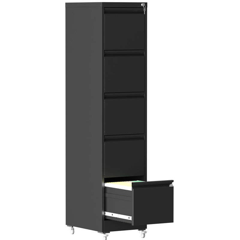 Classeur vertical à 5 ​​tiroirs avec roulettes et serrure pour bureau, grande capacité de rangement, tiges réglables pour dossiers A4/lettre/légal, glissières à roulement silencieux, mobilité et stabilité faciles, noir sur roulettes.