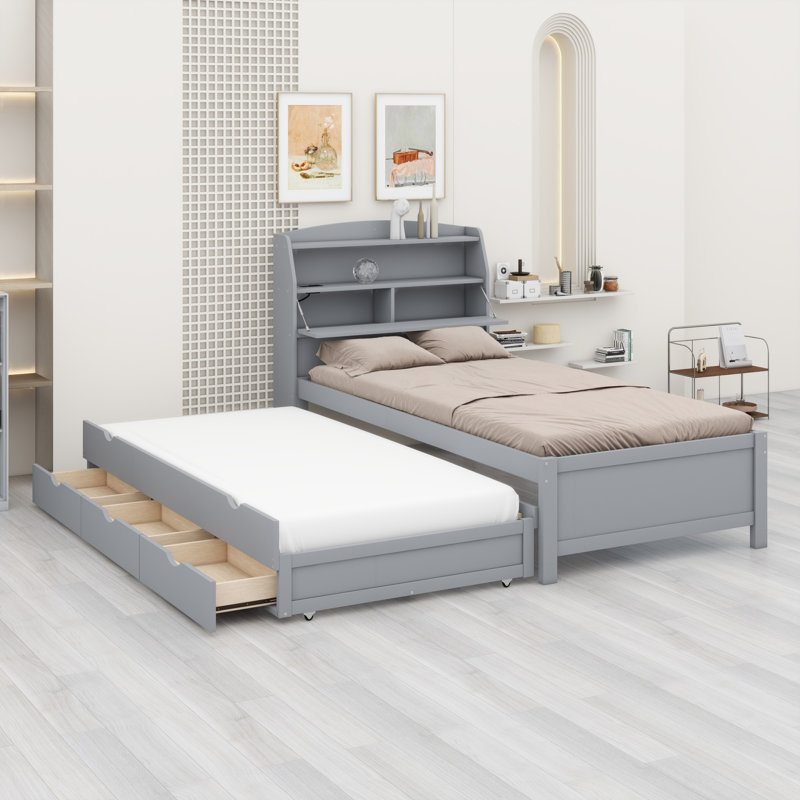 Lit plateforme en bois avec lit gigogne et tête de lit à DEL avec tiroirs, Lit simple, Gris