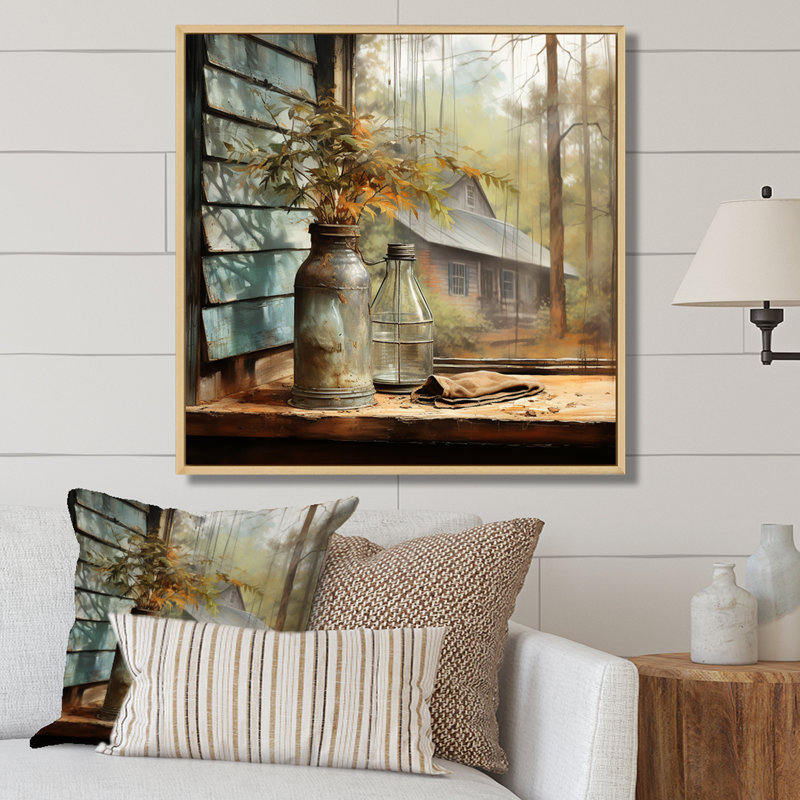 Charme de fenêtre brun brun - Art mural de fenêtres de ferme, H 36 po x l 36 po x P 1,5 po, Cadre flottant brun