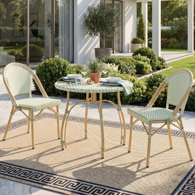 Altesa French Bistro Indoor Outdoor Dining Set With Round Rattan Dining Table And Dining Chairs For Dining Room, Patio, Green