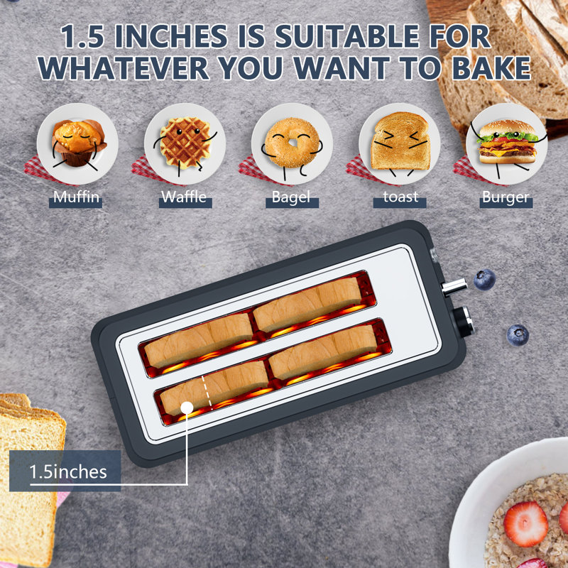 Matte Blue 4-slice Extra Wide Long Slot Toaster - 1500w Stainless Steel Toaster With Warming Rack, 6 Browning Settings, Bagel/defrost/reheat Functions & Removable Crumb Tray