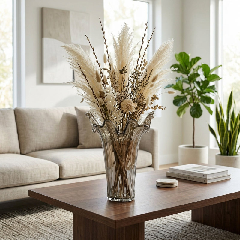 Vase décoratif en verre évasé avec rebord ondulé pour la décoration de table - Grand vase à fleurs pour bureau, présentation de table ou salon