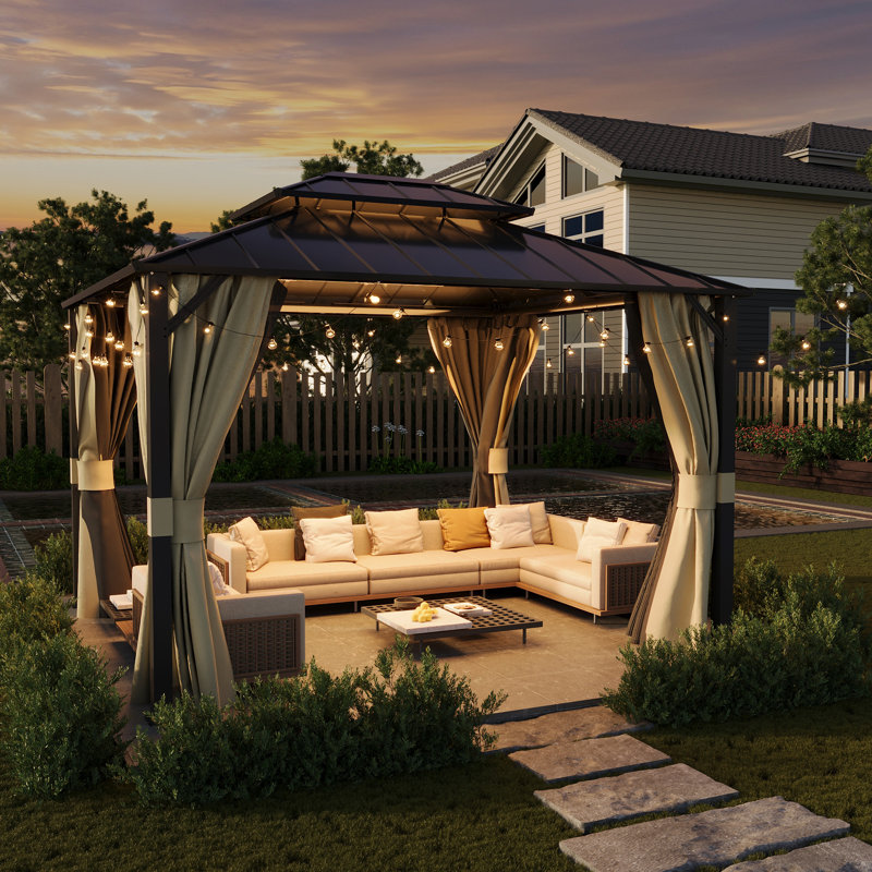 Pavillon de jardin d'extérieur à toit rigide en aluminium avec structure en aluminium, filet et rideaux, Beige