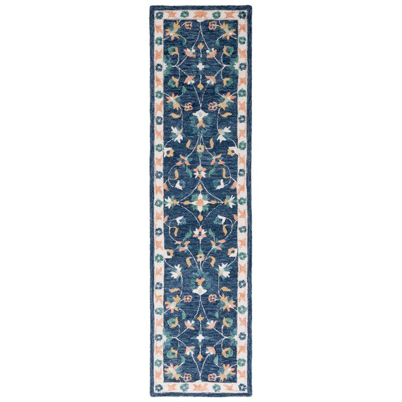 Tapis bleu / ivoire / jaune en laine touffeté à la main Rosalna, Tapis de couloir 2 pi 3 po x 9 pi