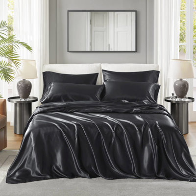 7 draps de luxe en satin noir très grand divisé, texture douce et soyeuse, réduit les frisottis, 1 drap plat, 2 draps-housses, 4 taies d'oreiller froissées, doux pour la peau et les cheveux,