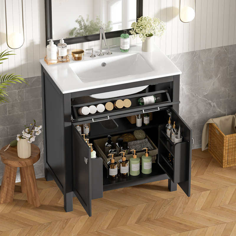 Meuble-lavabo moderne 30 po avec lavabo en céramique, portes et tablette à fermeture douce | Idée cadeau