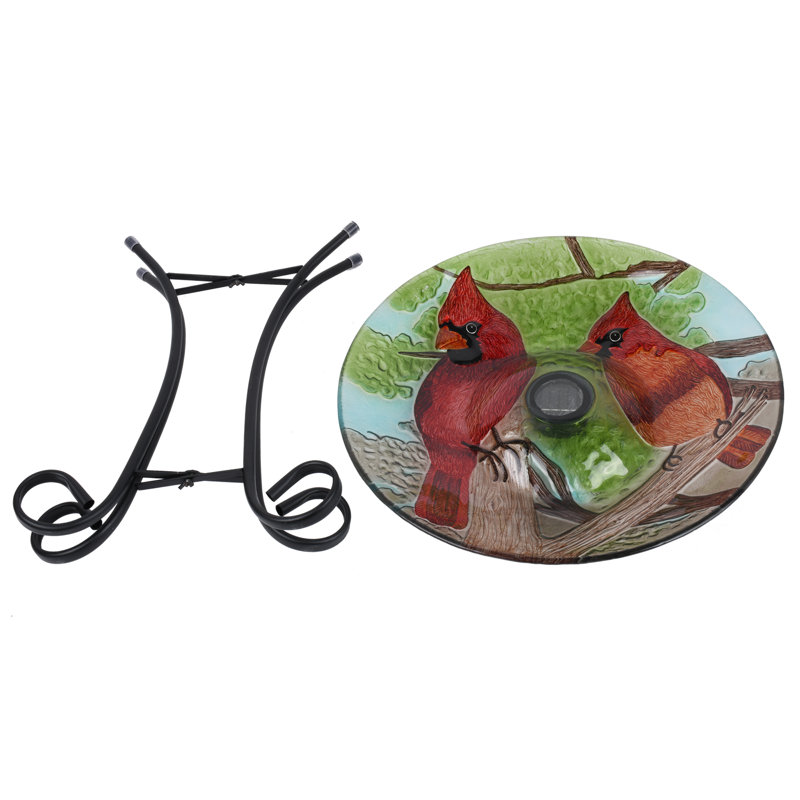 Solar LED Floral Cardinal Glass Bird Bath with Stand - Cardinal