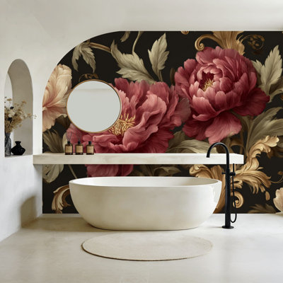 Papier peint adhésif floral floral pivoines bourgogne romantiques murales noires Moody H 69 po x l 96 po, papier mural amovible en PVC auto-adhésif pour chambre à coucher, bureau à domicile