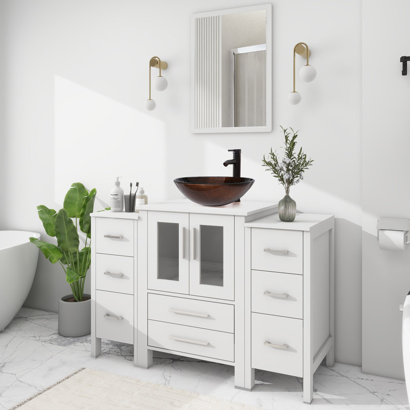 Ensemble de meuble-lavabo simple 48 po avec lavabo vasque en verre, plateau en bois manufacturé, robinet économiseur d'eau