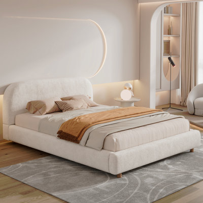 Grand lit plateforme avec tissu Boucle, lit plateforme tapissier en tissu Boucle avec tête de lit courbée Assemblage facile