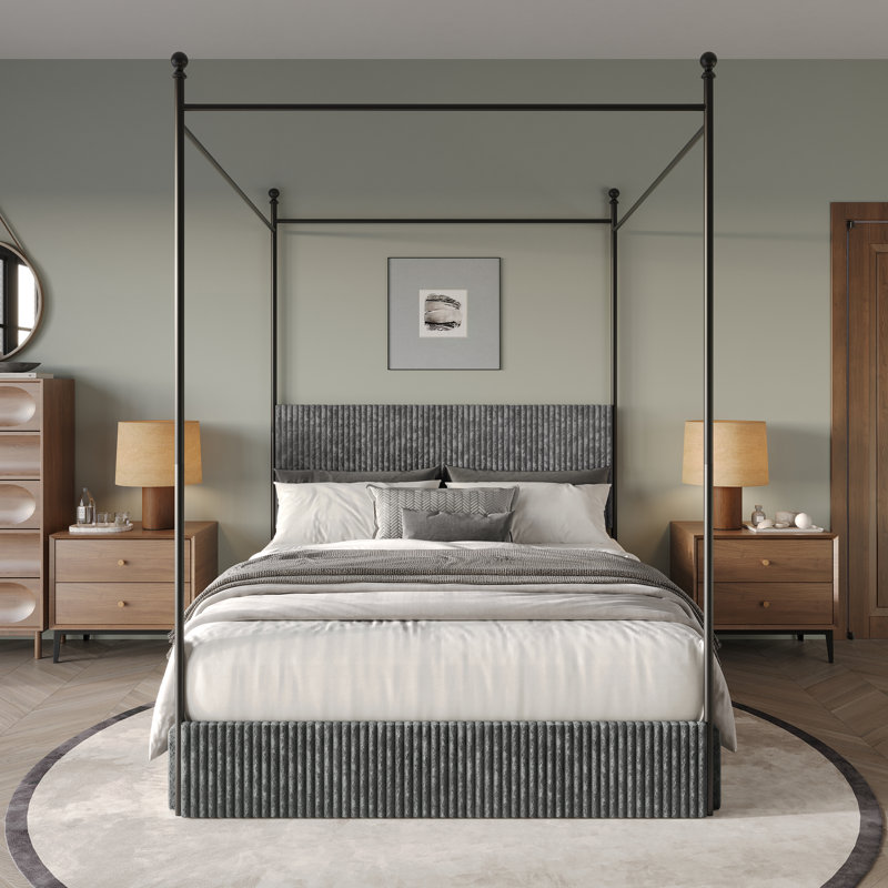 Metal Platform Bed with Storage Drawers In Velvet, Queen, Grey