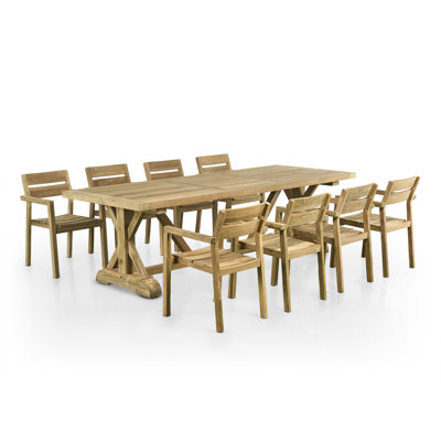 102" French X Reclaimed Teak Indoor Outdoor Dining Table Set With Teak Armchairs
