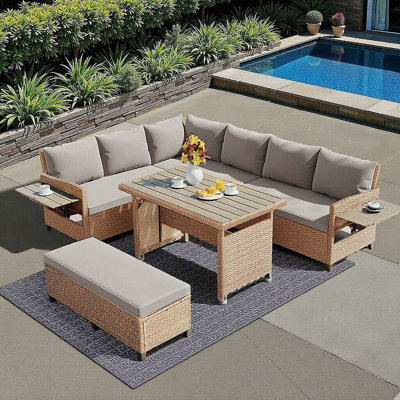 Brown Rattan 5-Piece L-Shaped Patio Sofa Set with Extendable Side Tables & Dining Table