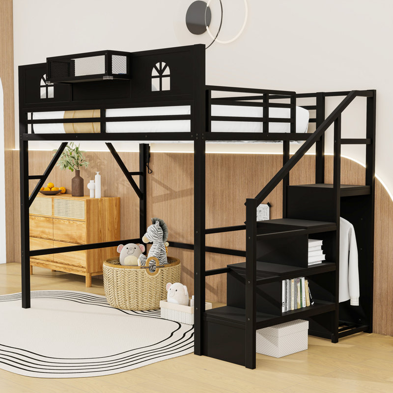 Metal Loft Bed with Staircase, High Guardrails, and LED Light, Full