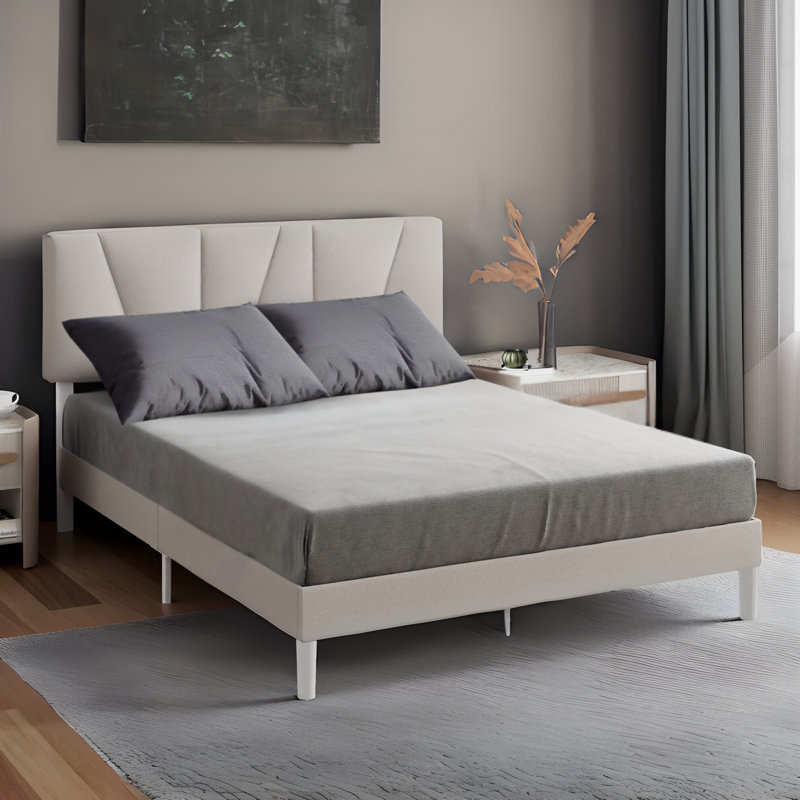 Beda Upholstered Bed Frame with Padded Tufted Headboard, Kingsize (5'), Off-White