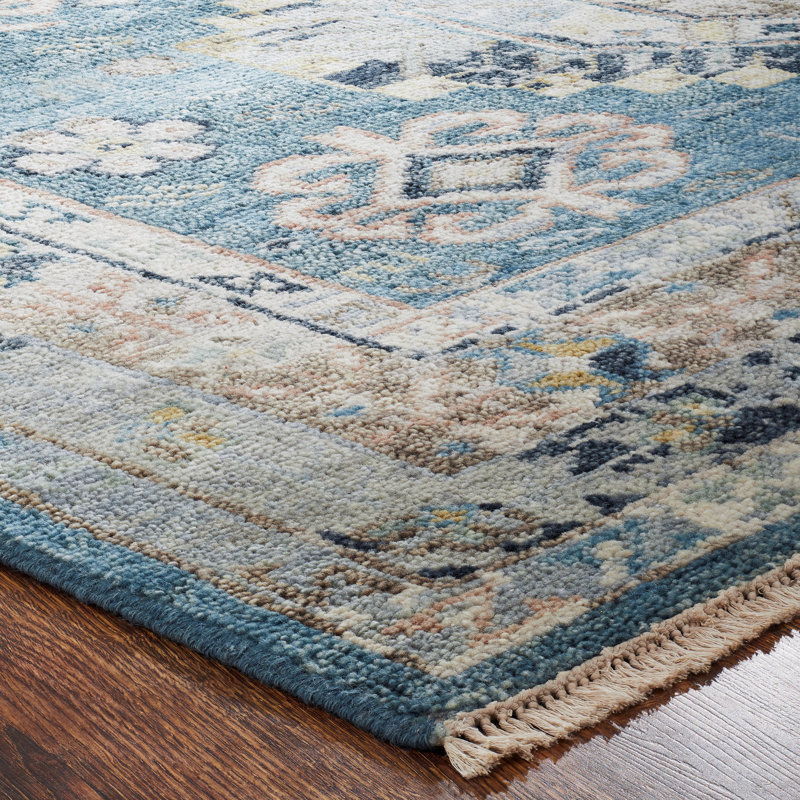 Pepa Hand Knotted Wool Area Rug, Rectangle 10' x 14', Blue/Beige