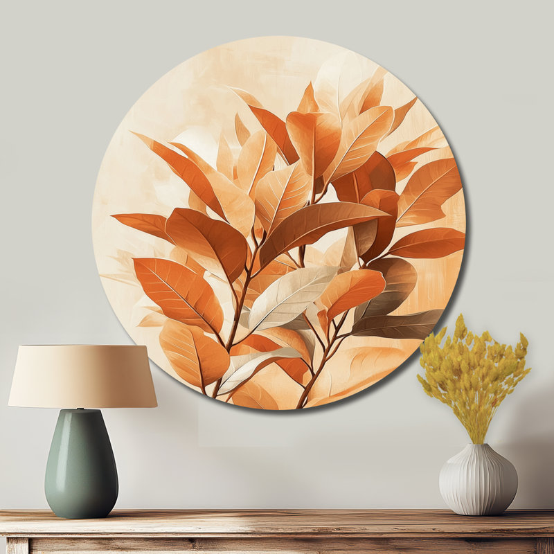 «Terracotta Leaves Layers Of Forest I» - art mural rond en métal sur feuilles, H 29 po x l 29 po