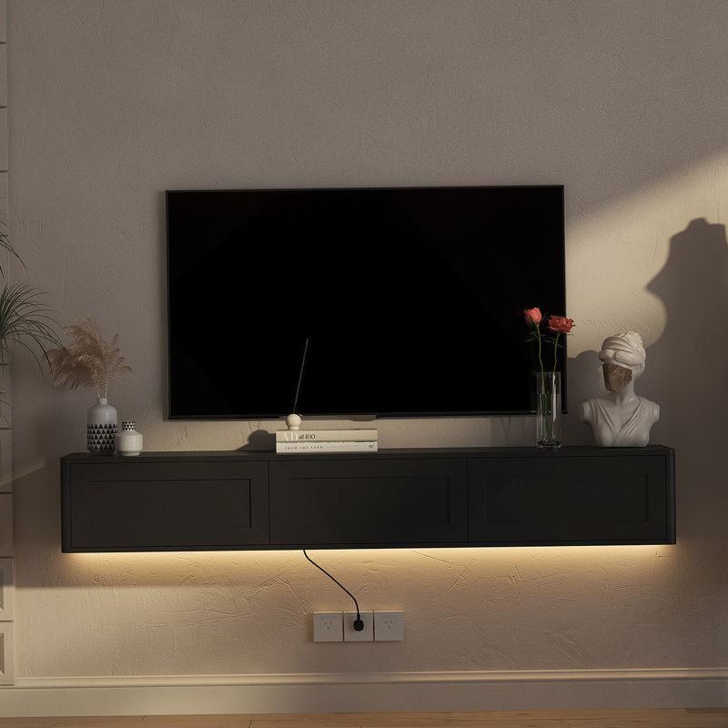 Meuble télé mural avec lumières DEL 16 couleurs, meuble télé flottant avec prise de courant, Black