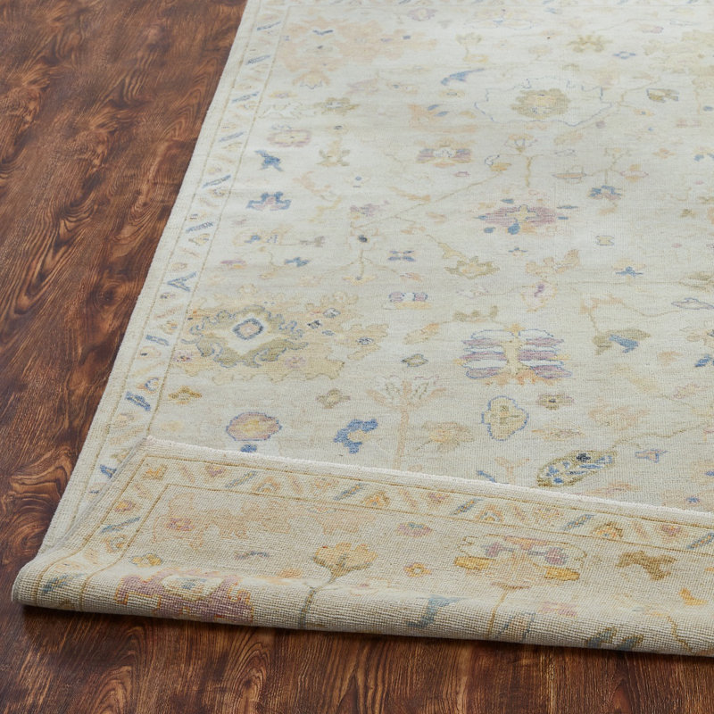 Galena Hand Knotted Wool Oriental Area Rug in Ivory; Beige; Rose; Muted Blue, Rectangle 2' x 3'