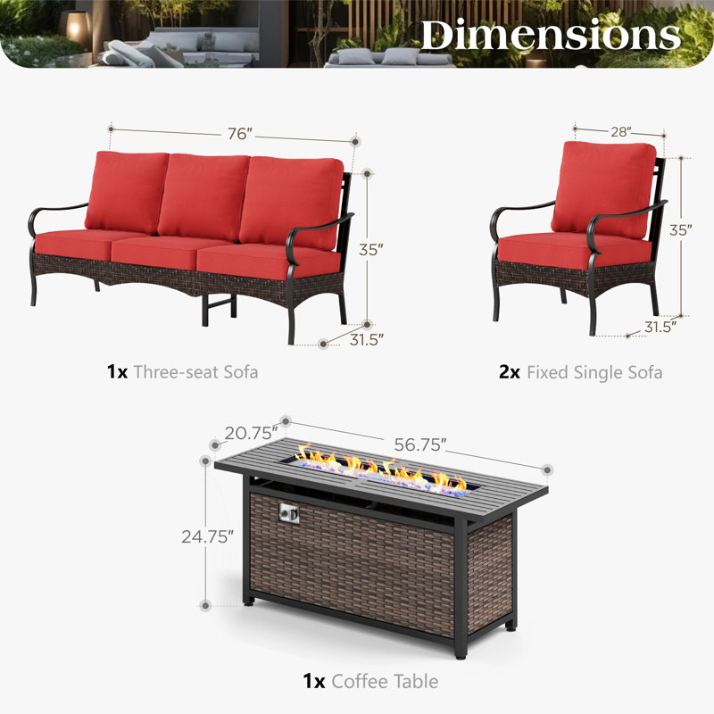 Ensemble de conversation pour patio 5 personnes avec table foyer , Rouge