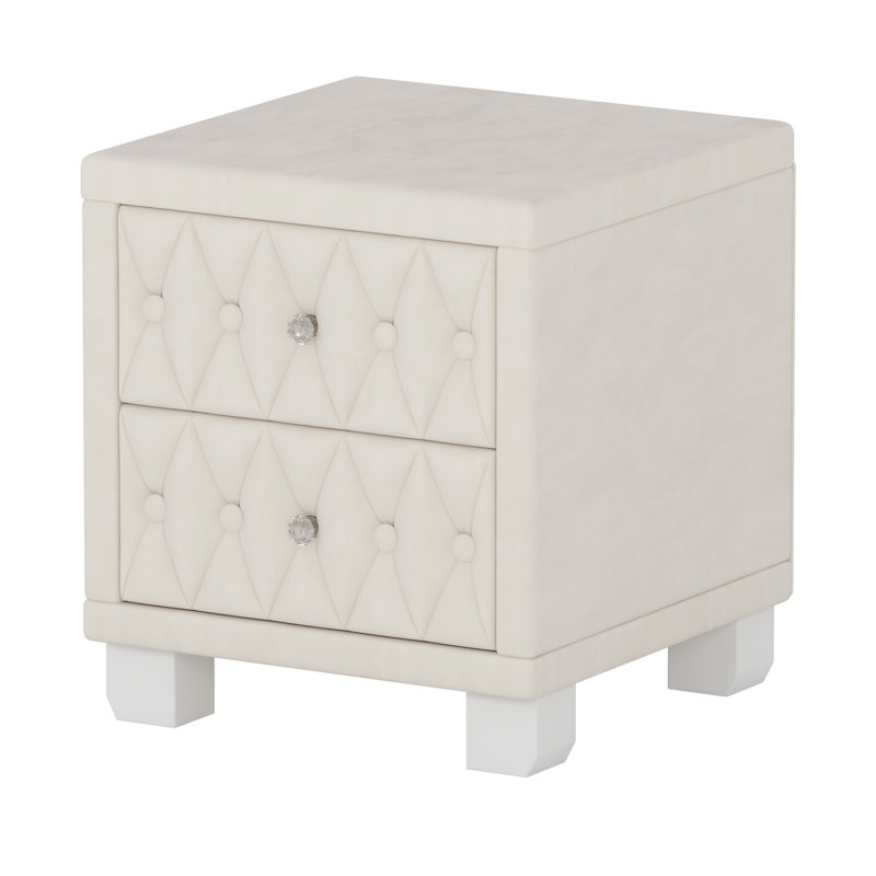 Séduisant, beige, rangement de chevet en velours, 2 tiroirs, cristal orné, motif de boutons, structure élégante, poignées à boutons,