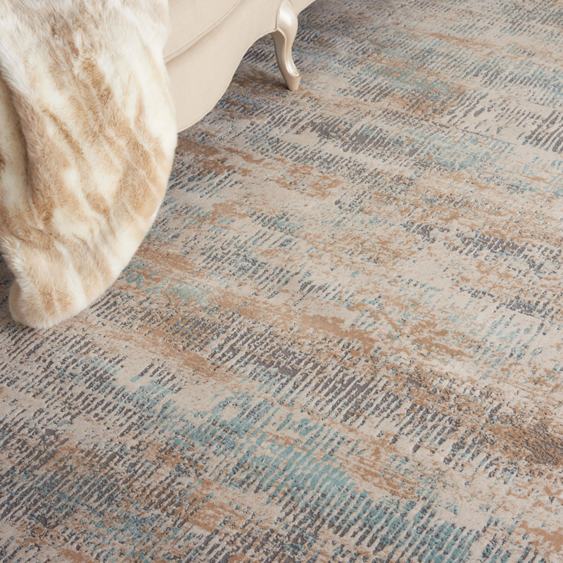 Abstract Area Rug in Beige/Blue, Rectangle 4' x 6'