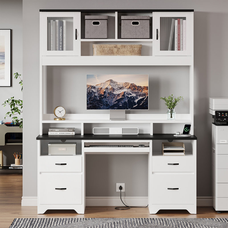  59" Executive Computer Desk with Hutch with Power Outlet, Office Desk with Monitor Stand and LED Lighting, Black/White