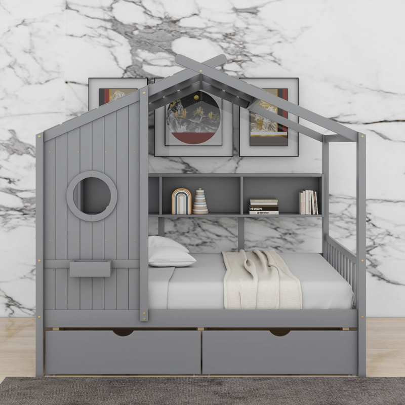 Lit en bois avec tiroirs, Lit simple, Gris
