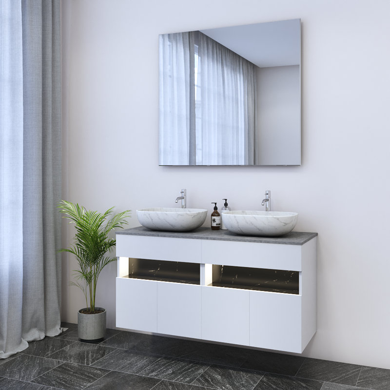 Meuble-lavabo double 47,2 po avec comptoir Lieke, Blanc, Béton