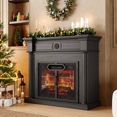 Meuble télé moderne de style ferme avec foyer électrique intégré, portes à volutes rétro, compatible avec les téléviseurs jusqu'à 55 pouces, console multimédia avec chauffage, noir