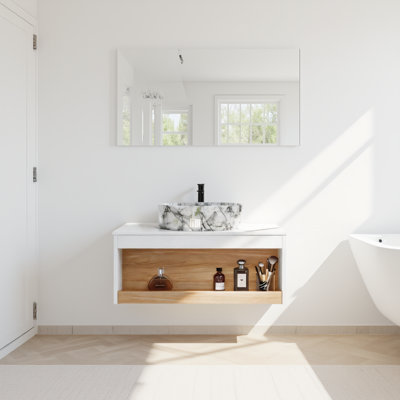 Meuble-lavabo flottant mural de 30 po, choix de couleurs de vasque, meuble blanc brillant, tablette ouverte