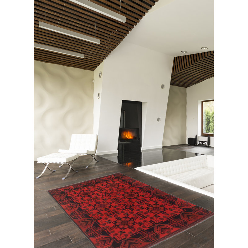Tapis rouge / noir en laine noué à la main de conception unique 3 pi 4 po x 4 pi 11 po Floyda