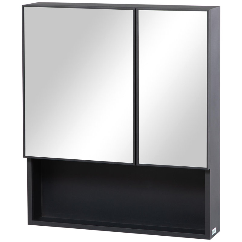 Armoire à pharmacie murale, miroir de salle de bain avec portes doubles et tablettes de rangement, noir
