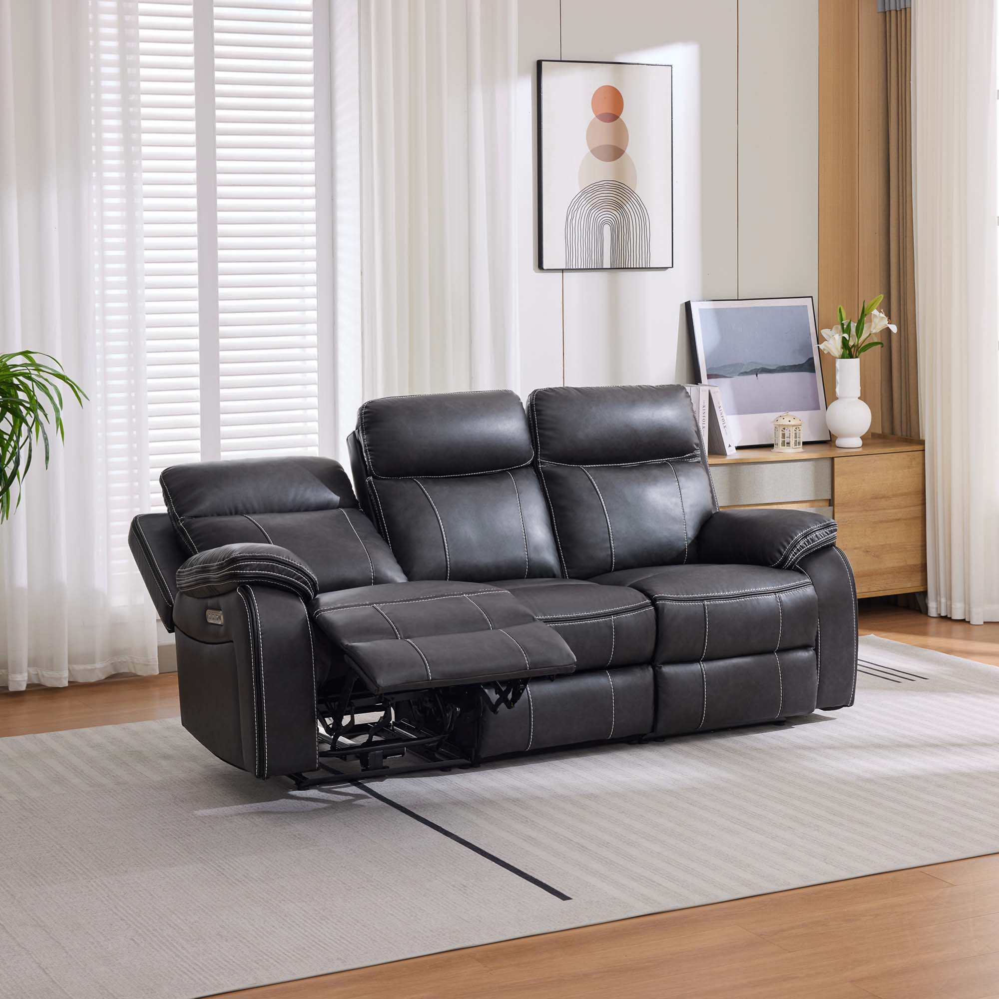 Ebern Designs Ryansh Electric Recliner 3 Seater Sofa Air Leather With ...