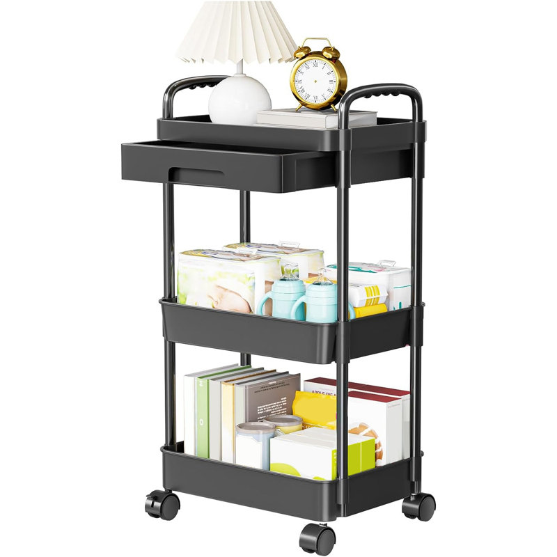3 Tier Rolling Utility Cart with Drawer, Black