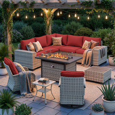 10-Piece Outdoor Patio Sectional Conversation Set With Fire Pit Table And Swivel Rocker Chairs