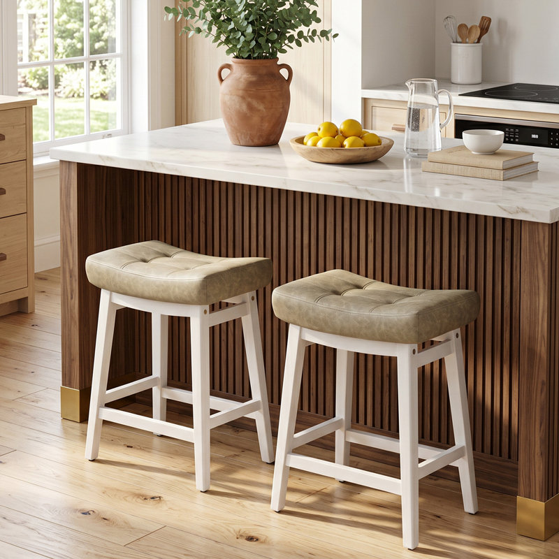 Tabouret de bar extra large 19,7 po, PU Beige Seat/ White Frame