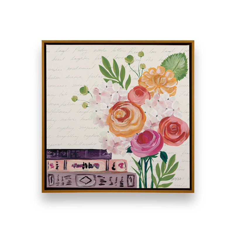 "Livres et fleurs II" par Yvette St. Amant, reproduction d'art sur toile, H 20 po x l 20 po, Cadre flottant, Doré