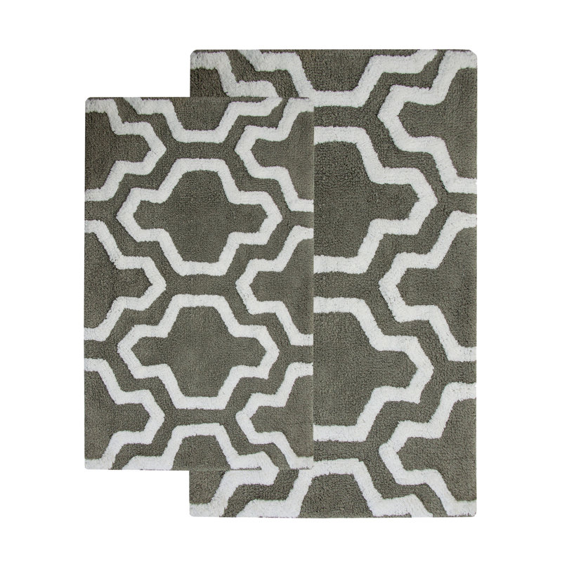 Ensemble de tapis de bain rectangulaire antidérapant 100% coton, Gris / Blanc
