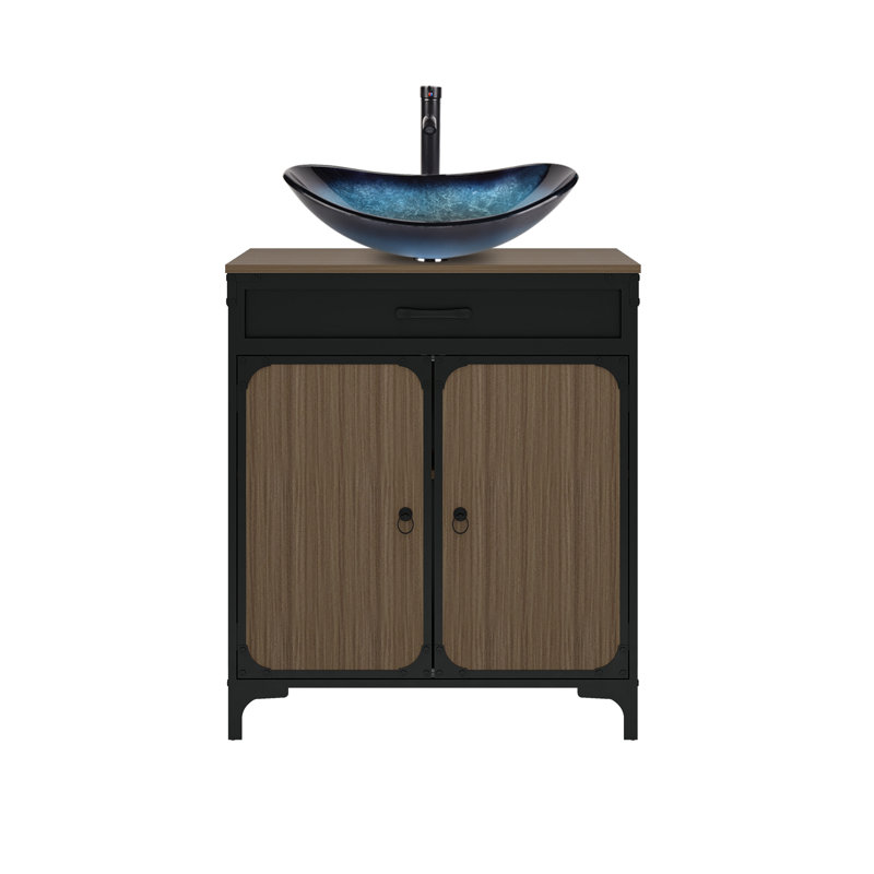 Meuble-lavabo sur pied simple 30 po avec comptoir en bois manufacturé avec lavabo et robinet, Noir, Noir / Bleu