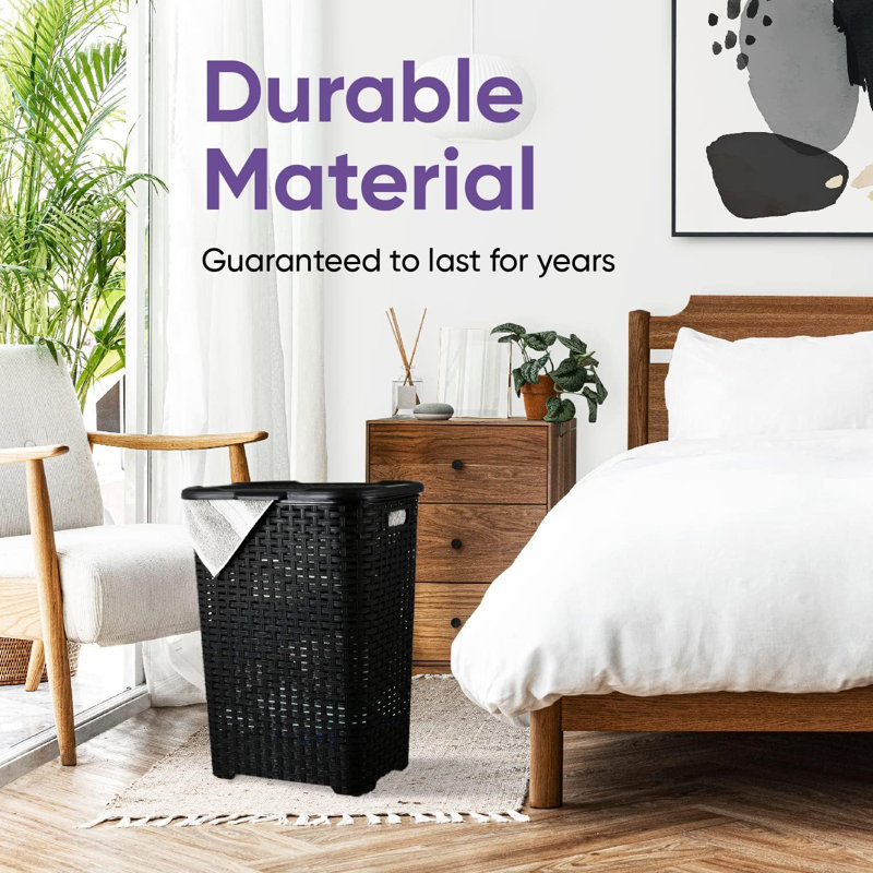Plastic Laundry Hamper With Lid 3 Pack Laundry Hamper Basket, Brown Tall Cloths Hamper Organizer With Cut-Out Handles. Space Saving For Laundry Room Bedroom Bathroom, Wicker Design 60 Liter