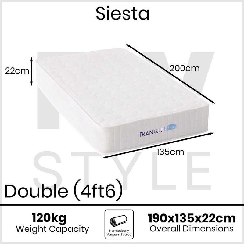 Siesta Pocket Sprung Double Mattress 135 x 190cm 22cm Deep Medium Firm Hybrid Mattress Breathable Mattress in a Box with Pocket Springs