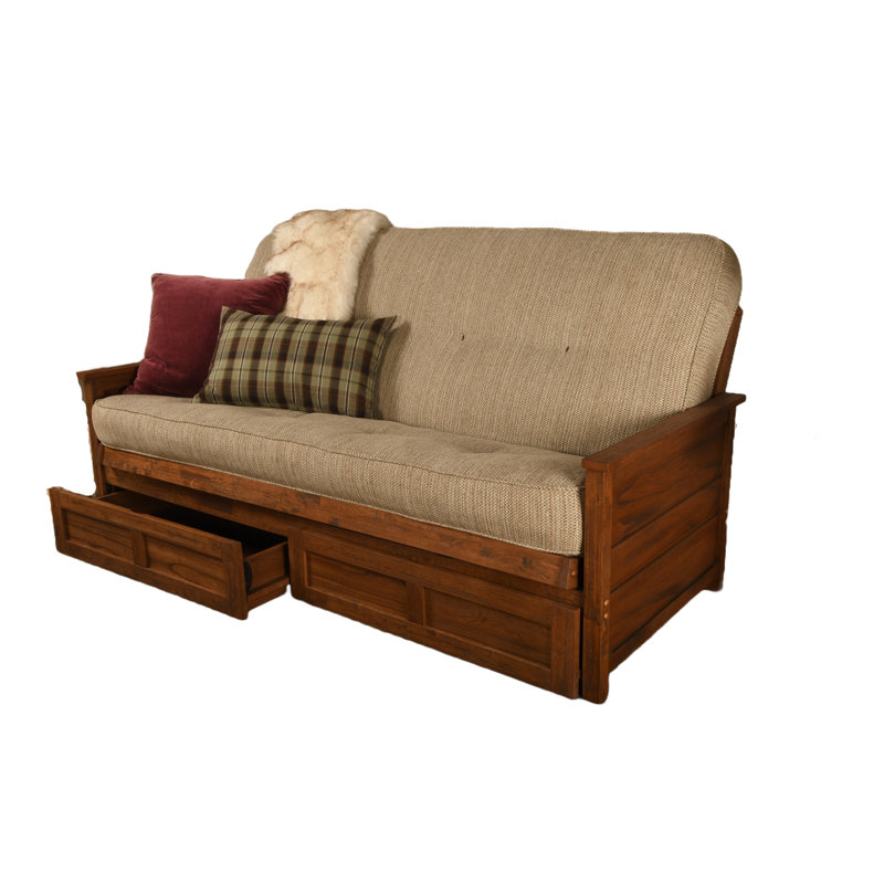 Futon double avec matelas avec rangement Emmiliano, Brun patiné, 100% polyester