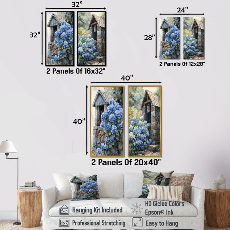 Hortensias par The Farm Well I - impressions sur toile florales 2 panneaux, H 40 po x l 41 po, Encadrement argenté